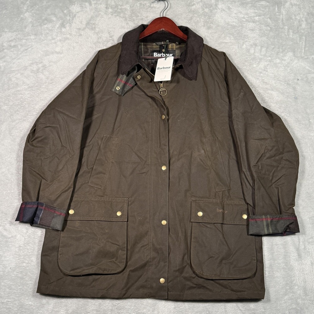 Barbour Jacket Womens 2X Green Acorn Plus Wax Waxed Cotton Tartan Lined Coat
